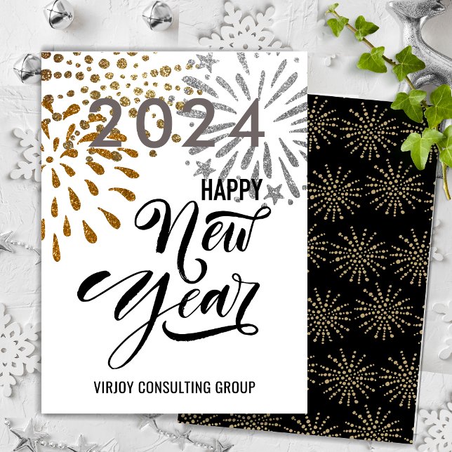 Modern Script Gold Silver Fireworks Business Holiday Card (Creator Uploaded)