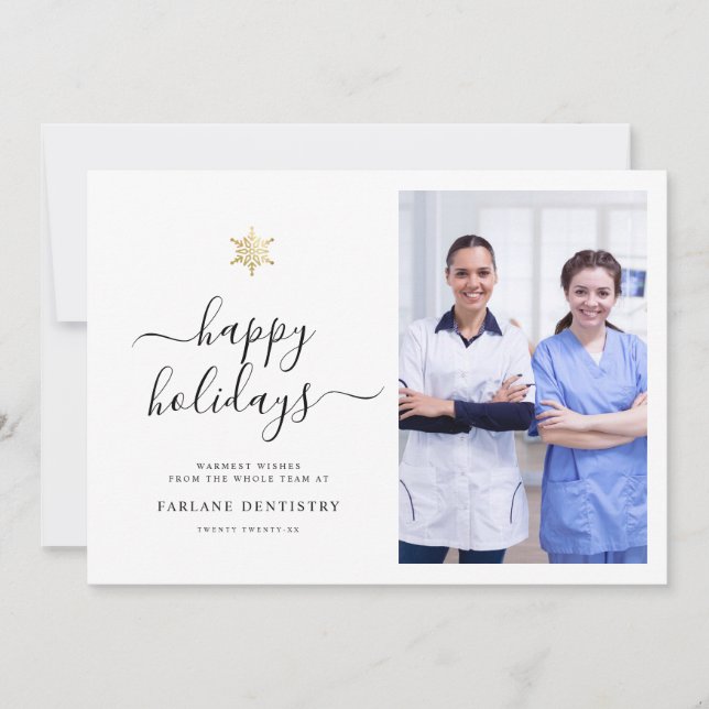 Modern Script Gold Snowflake Corporate Photo Holiday Card (Front)