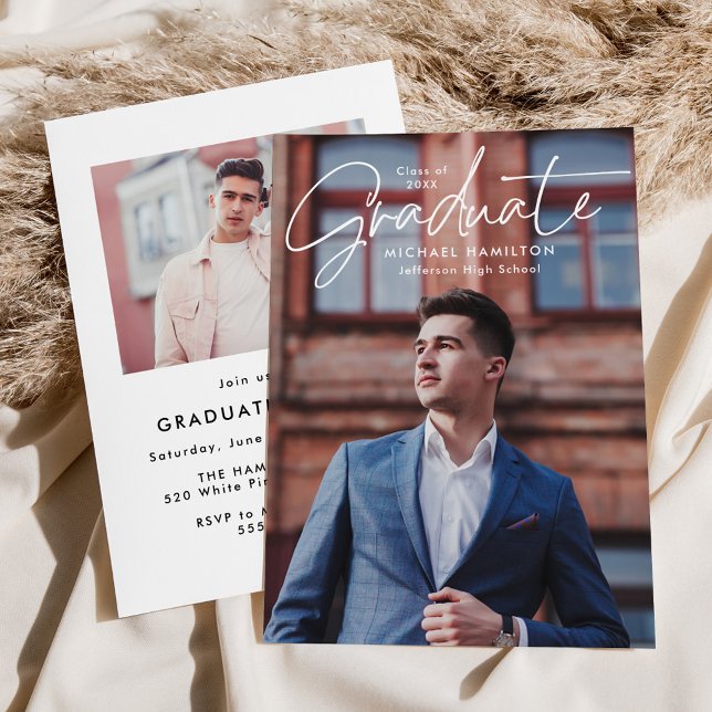 Modern Script Graduate 2 Photo Graduation Party Invitation (Creator Uploaded)