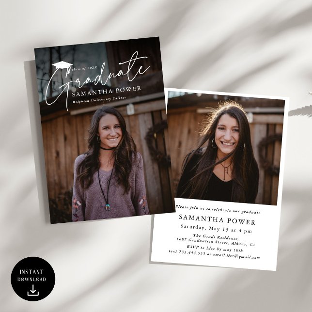 Modern Script  Graduate 2 Photos Graduation Invitation (Creator Uploaded)