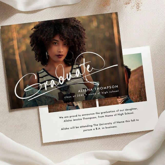 Modern Script Graduate 3 Photo Collage Graduation Announcement (Creator Uploaded)