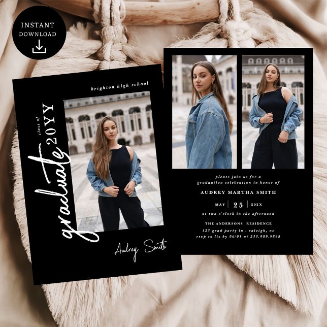 Modern Script Graduate 3 Photo Graduation Invitation (Creator Uploaded)