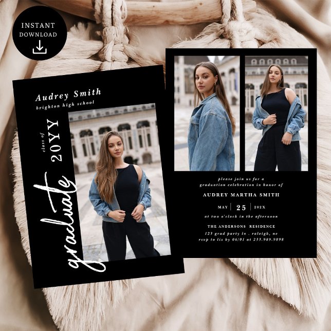 Modern Script Graduate 3 Photo Graduation Invitation (Creator Uploaded)
