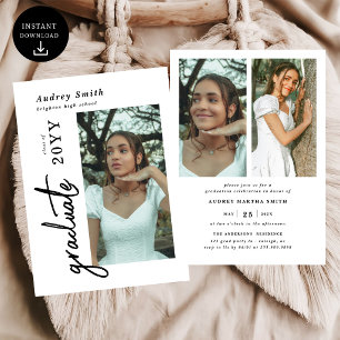 Modern Script Graduate 3 Photo Graduation Invitation