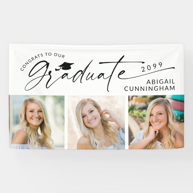 Modern Script Graduate 3 Photos Graduation Party Banner (Horizontal)