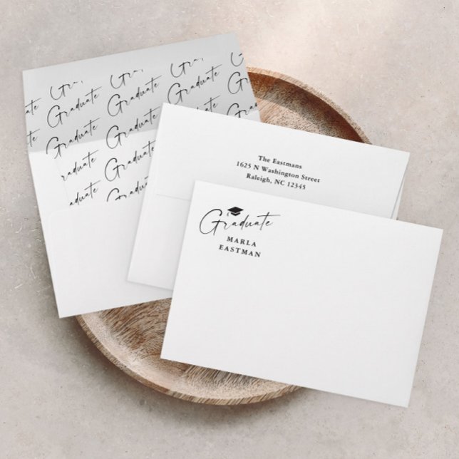 Modern Script Graduate Black and White Graduation  Envelope (Modern simple script black and white graduation envelope.)
