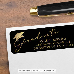 Modern Script Graduate Black Gold Cap Return Address Label