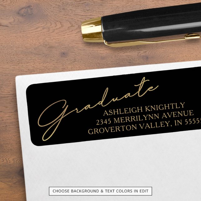 Modern Script Graduate Black Gold Return Address Label (Creator Uploaded)