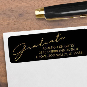 Modern Script Graduate Black Gold Return Address Label