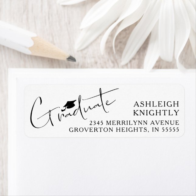 Modern Script Graduate Cap Custom Colours Return Address Label (Insitu)