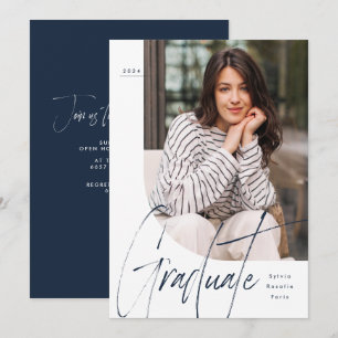 Modern script graduate navy one photo graduation invitation
