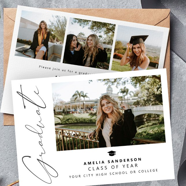 Modern script graduate photo collage graduation invitation (Creator Uploaded)