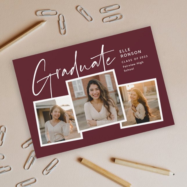 Modern Script Graduate Photo Collage Graduation Invitation (Modern Script Graduate Maroon Photo Collage Graduation Invitation.)