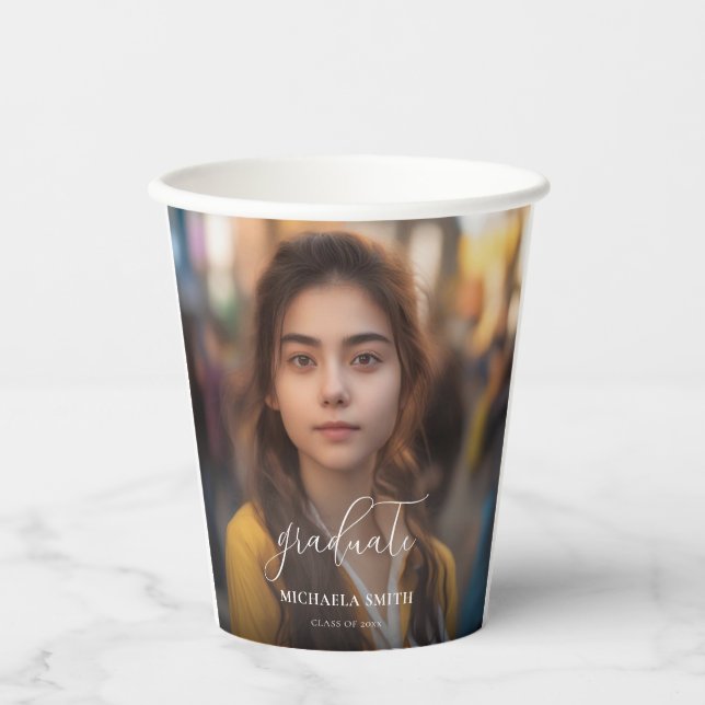 Modern Script Graduate Photo Graduation Paper Cups (Front)