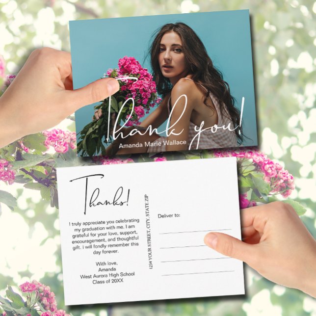 Modern Script Graduate Photo Graduation Thank You Postcard (Modern script Thank You on photo graduation postcards)