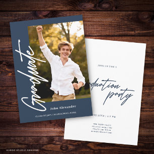 Modern Script Graduate Photo Navy Blue Graduation Invitation