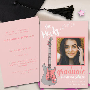Modern Script Graduate Photo Pink Guitar Invitation