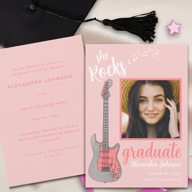 Modern Script Graduate Photo Pink Guitar Invitation (Fun pink guitar graduate photo graduation announcement card)