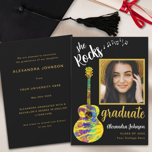 Modern Script Graduate Photo Psychedelic Guitar Invitation (Fun modern graduate photo black and gold script graduation announcement card with Funky guitar music)
