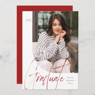 Modern script graduate red one photo graduation invitation