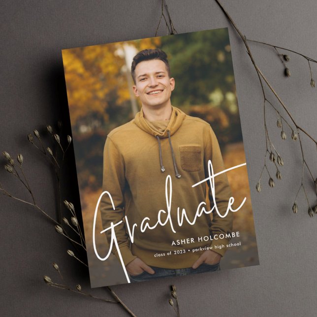 Modern Script Graduate Simple Photo Graduation Announcement Postcard (Creator Uploaded)