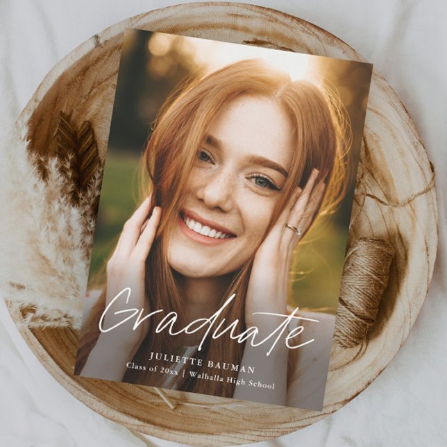 Modern Script Graduate Simple Photo Graduation Invitation (Modern handwritten script photo graduation invitation announcement.)