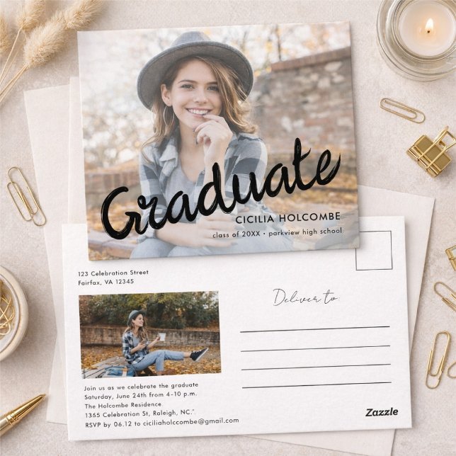 Modern Script Graduate Simple Photo Graduation  Postcard (Creator Uploaded)