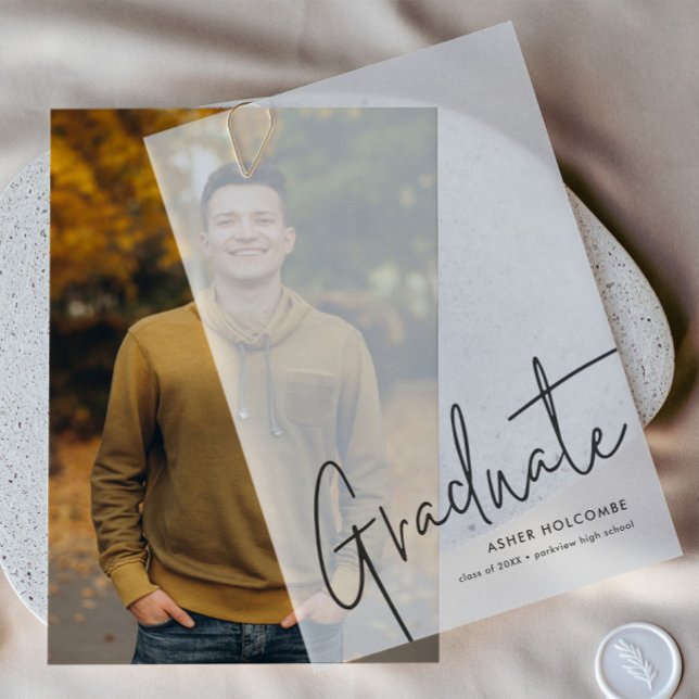 Modern Script Graduate Simple Photo Graduation Vellum Invitations (Simple script overlay graduation photo vellum invitation announcements.)