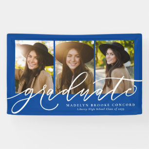 Modern script graduate three photo blue graduation banner