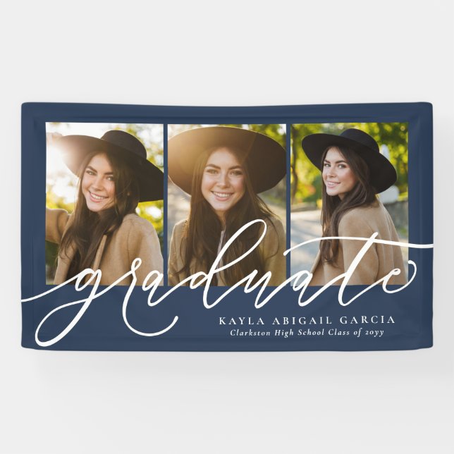 Modern script graduate three photo navy graduation banner (Horizontal)