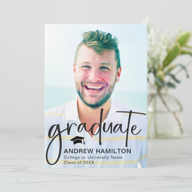 Modern Script Graduate Two Photo Graduation Cool Announcement (Standing Front)