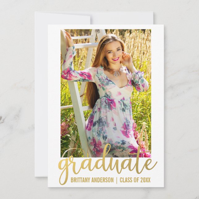 Modern Script Graduation Announcement Card Gold W (Front)