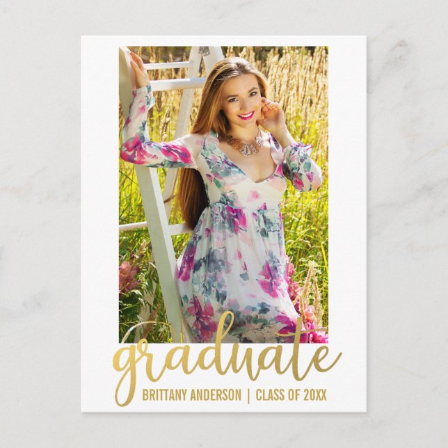 Modern Script Graduation Announcement Photo Gold W (Front)