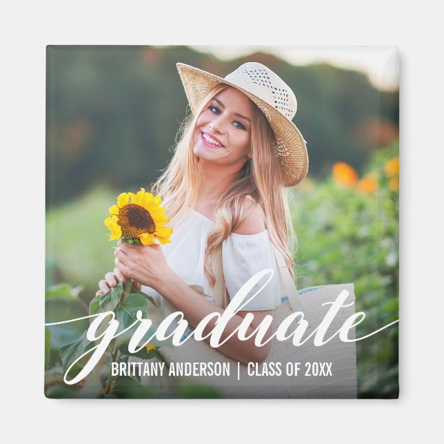 Modern Script Graduation Announcement Photo Sq Magnet (Front)