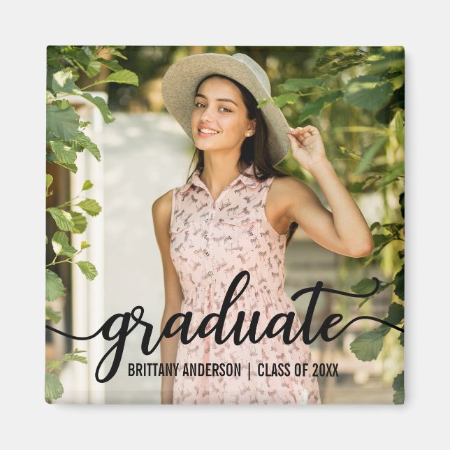 Modern Script Graduation Announcement Photo Square Magnet (Front)