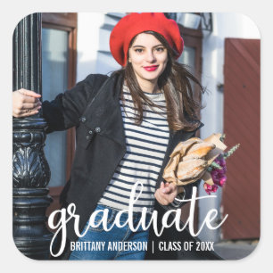 Modern Script Graduation Announcement Photo Square Sticker