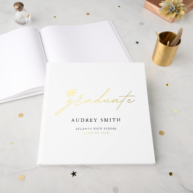 Modern Script Graduation Hat Party Guest Book (Front Open)