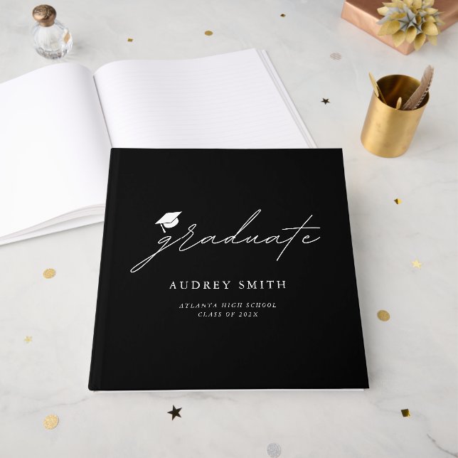 Modern Script Graduation Hat Party Napkins Guest Book (Front Open)