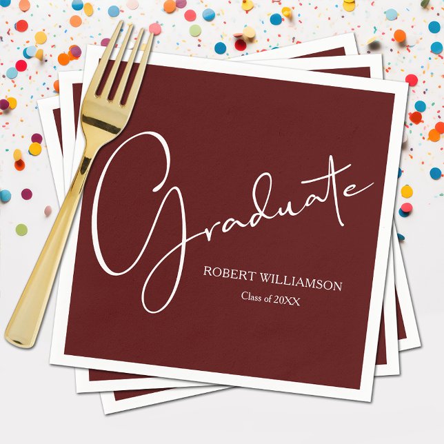 Modern Script Graduation Maroon Napkin (Modern white script on dark maroon graduation party napkins, paper plates in our store)