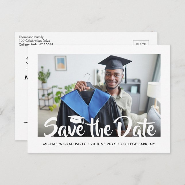 Modern Script Graduation Party Photo Save the Date Postcard (Front/Back)