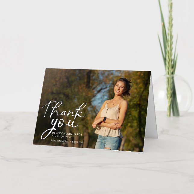 Modern Script Graduation Photo Thank You Silver Foil Greeting Card (Front)