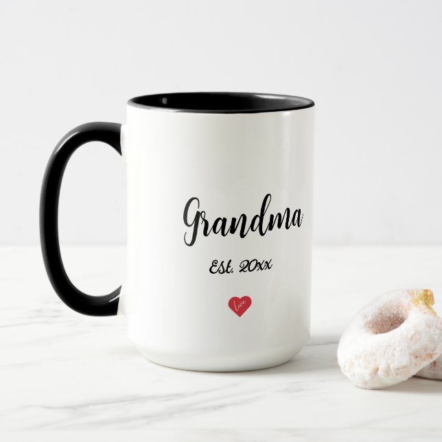 Modern Script Grandma Year Est Heart 2 Toned  Mug (With Donut)