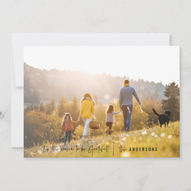 Modern script grateful photo holiday card (Front)