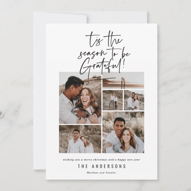 Modern script grateful photo holiday card (Front)