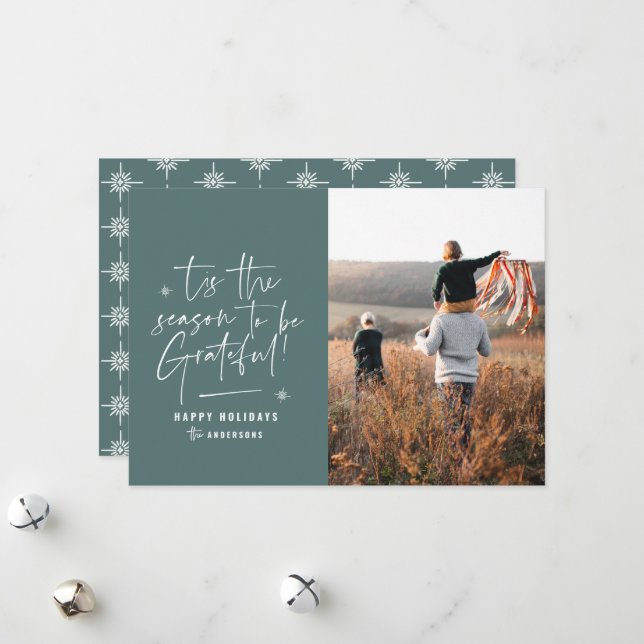 Modern script grateful photo holiday card (Front/Back In Situ)