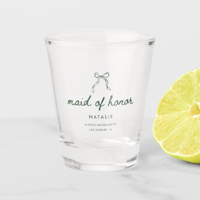 Modern Script Green Custom Maid of Honor Name Shot Glass (Front)