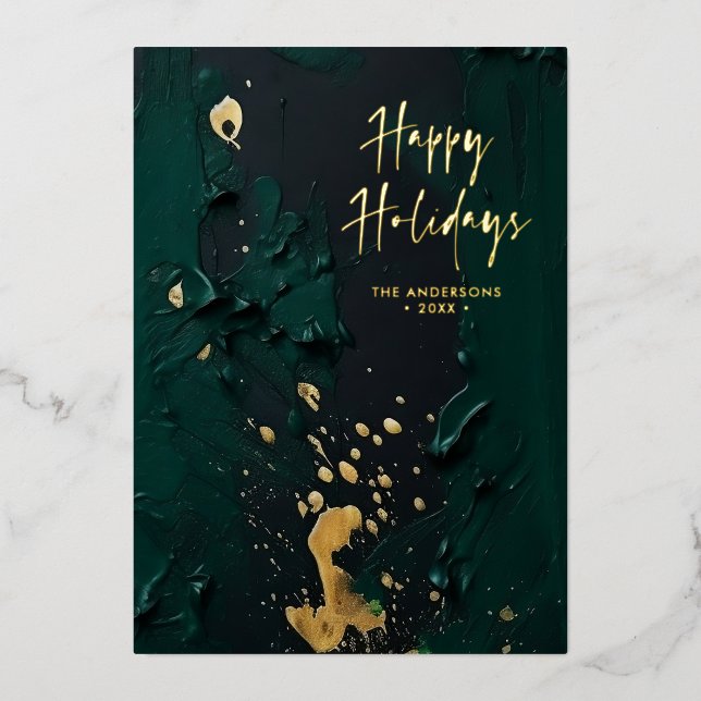 Modern Script Green Gold Abstract Paint Christmas Foil Holiday Card (Front)
