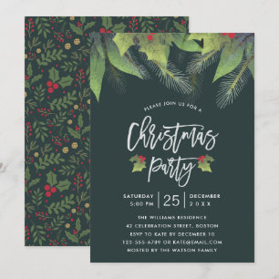 Modern Script Green Holly Leaf Christmas Party Invitation