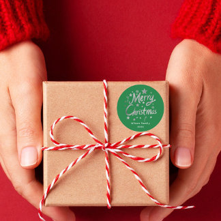 Modern Script Green Merry Christmas Custom Classic Round Sticker