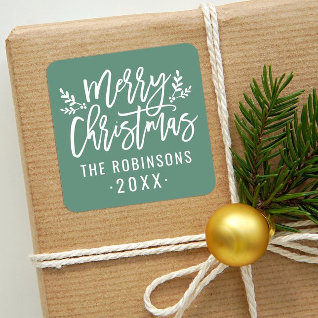 Modern Script Green Merry Christmas Custom Square Sticker (Creator Uploaded)